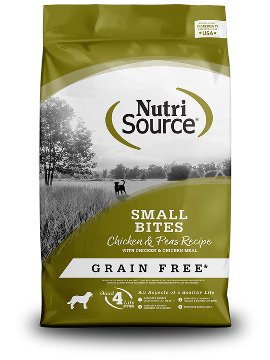 NUTRI SOURCE adulto -SIN GRANOS- (pollo & guisantes) bocados pequeños 12LBS