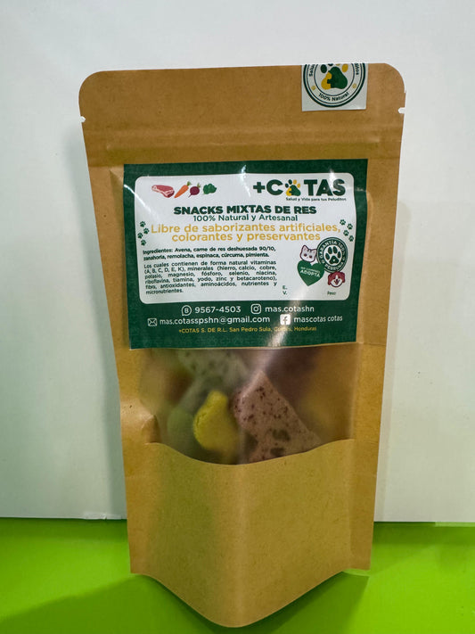 SNACK's & PREMIOS MIXTAS DE CARNE DE RES Y VEGETALES PARA PERROS +COTAS | 90GR